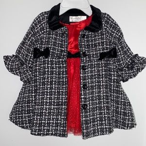 Entire holiday outfit! tweed coat with red tulle dress with shoes and tights